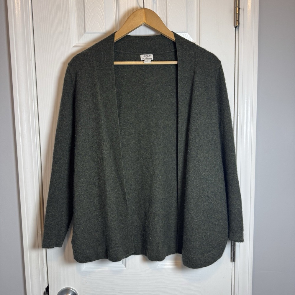 J Crew Factory 100% Cashmere Sweater Cardigan Olive Green Open Front XS